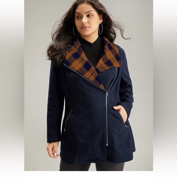 BloomChic Plaid Patchwork Lapel Collar Zipper Coat - Picture 2 of 5